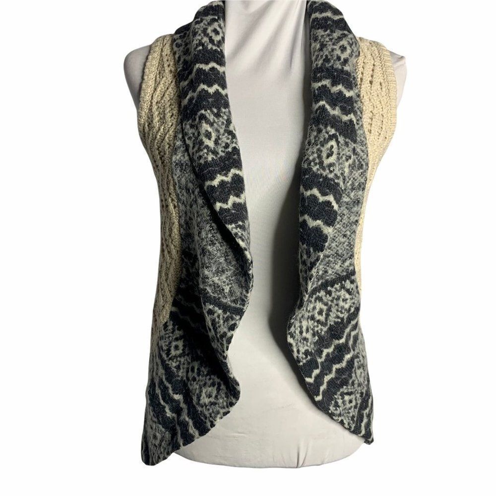 Vintage Max Studio Open Front Cardigan Vest L Cream Grey Cable Knit Shawl Collar